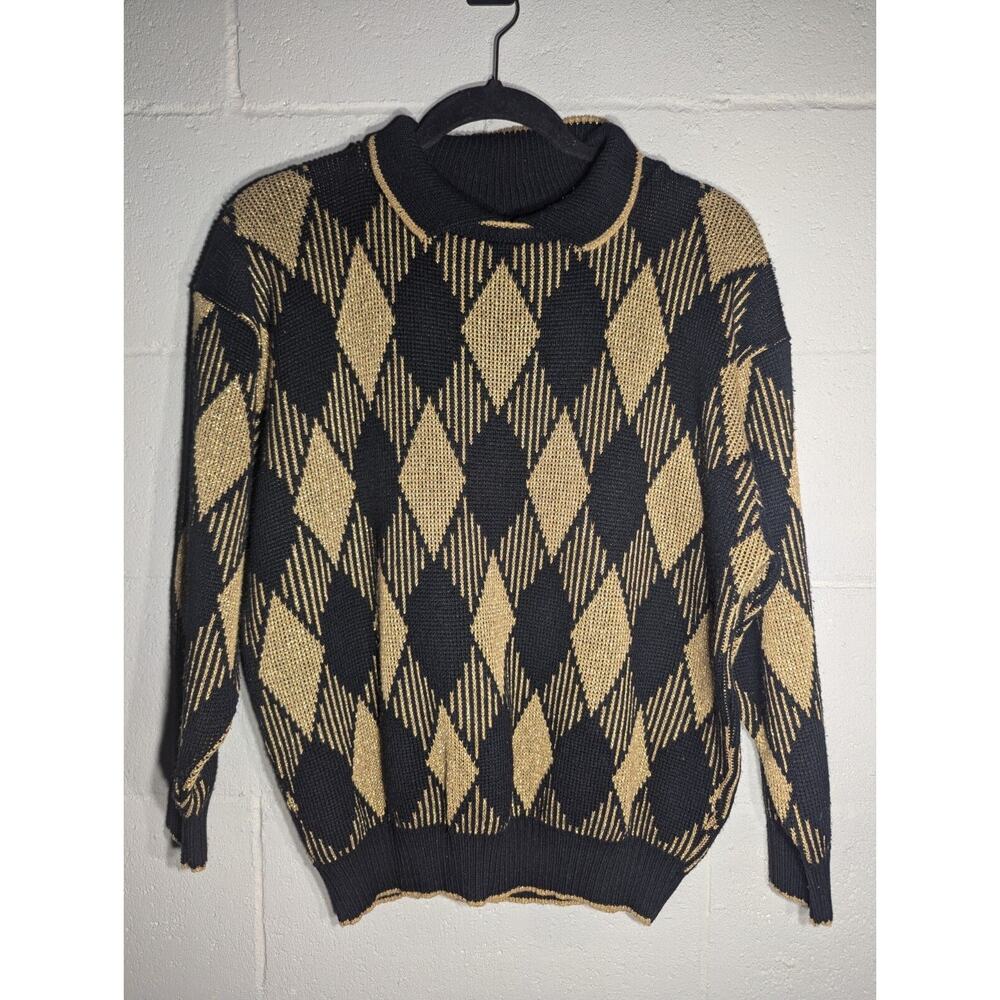 Alfred Dunner Mens‎ Collared Knit Sweater Large Checkered Plaid Preppy metallic